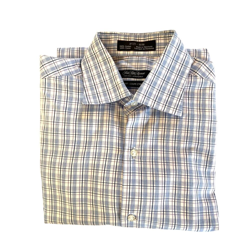 Saks Fifth Avenue Men's Slim Fit Non‎ Iron Plaid Dress Shirt 15 1/2 32 33